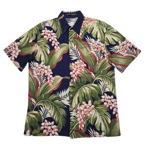 Vintage Alan Stuart Hawaiian Shirt Mens Medium Green Floral Button Up USA Aloha
